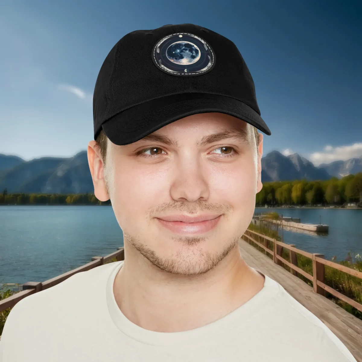 Man wearing a black dad hat with a moon phases patch design.