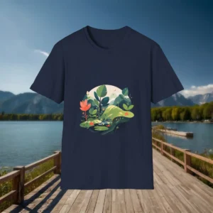 Navy t-shirt with a circular graphic of a peaceful nature landscape with hills and plants