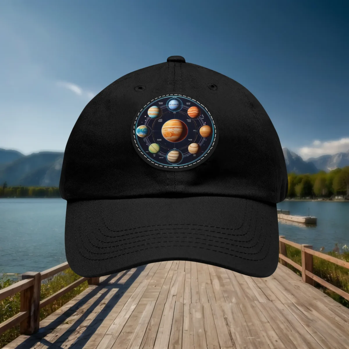 Black dad hat with a colorful planets design patch.