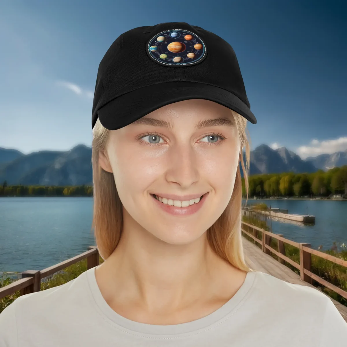 Woman wearing a black dad hat with a colorful planets design patch.