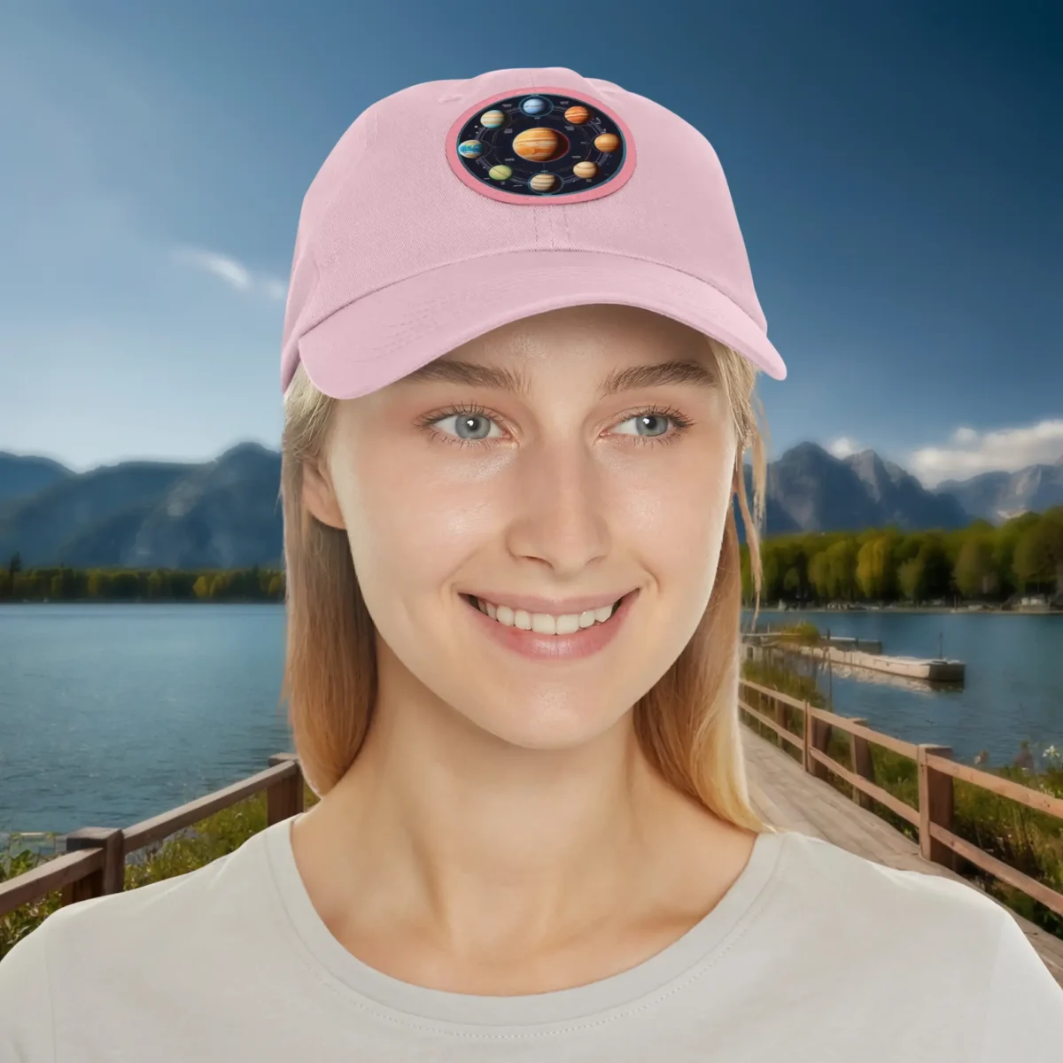 Woman wearing a pink dad hat with a colorful planets design patch.