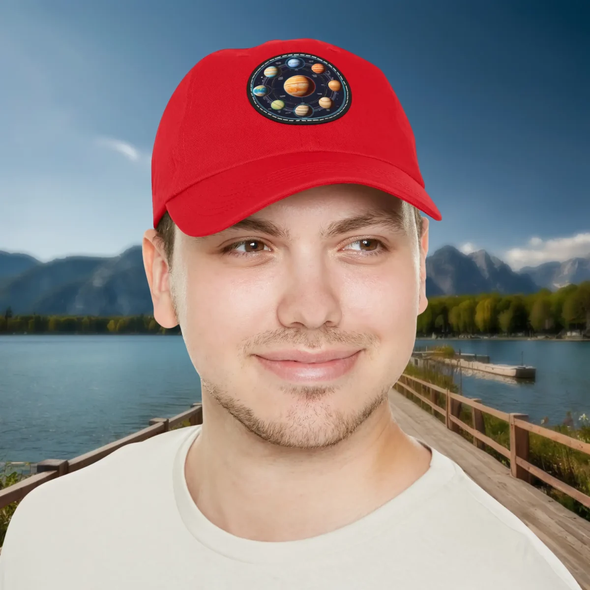 Man wearing a red dad hat with a colorful planets design patch.