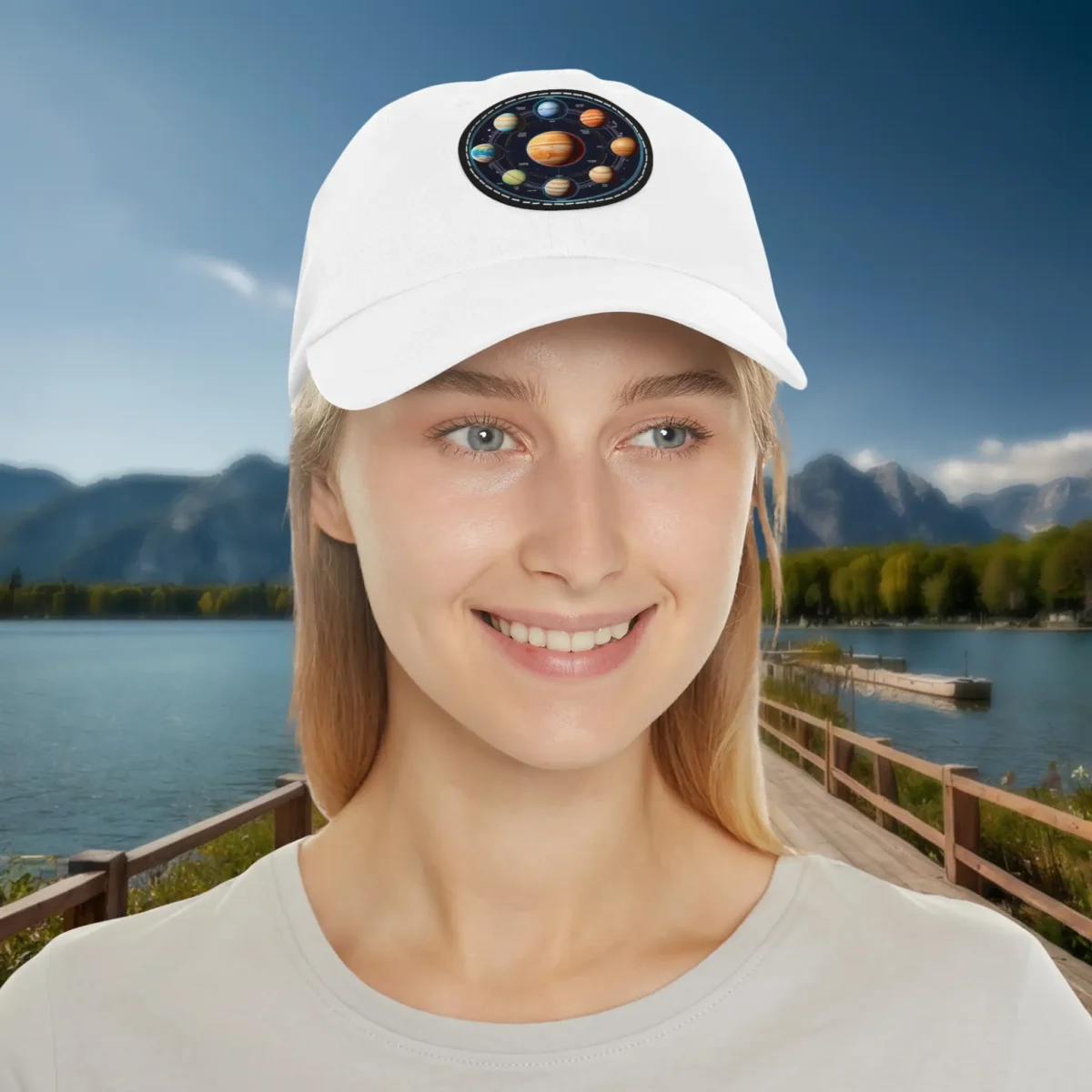 Woman wearing a white dad hat with a colorful planets design patch.
