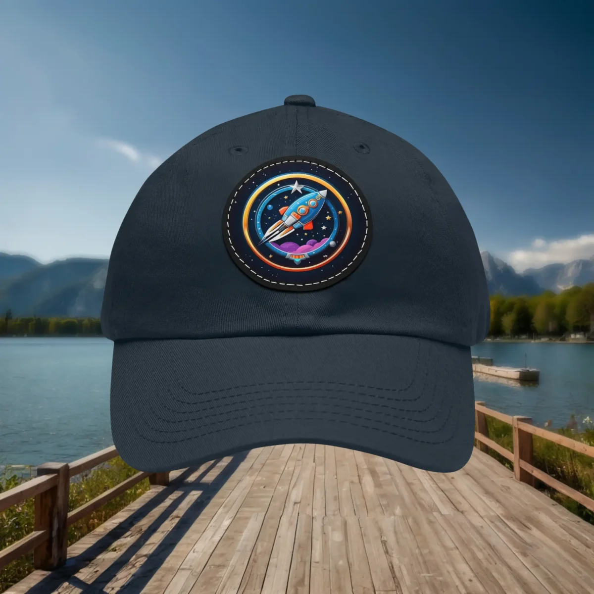 Navy blue dad hat with a colorful rocket design patch.