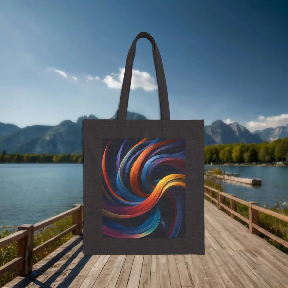 Black tote bag with a vibrant multicolored swirling ribbon design displayed outdoors near a lake and mountains.