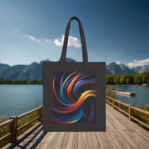 Black tote bag with a vibrant multicolored swirling ribbon design displayed outdoors near a lake and mountains.