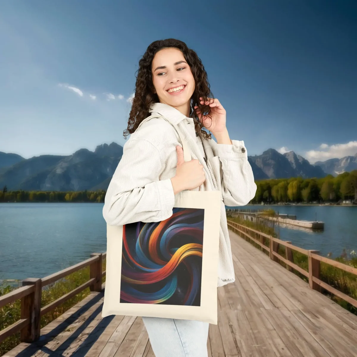 Woman smiling while carrying a natural-colored tote bag with a colorful ribbon swirl design near a scenic lake and mountain path.