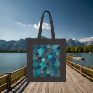 Black tote bag with a geometric hexagon pattern in shades of green, teal, and blue, displayed outdoors by a mountain lake.