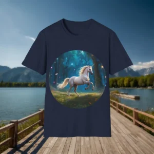 Navy t-shirt featuring a magical unicorn standing in a glowing forest with butterflies and sparkles
