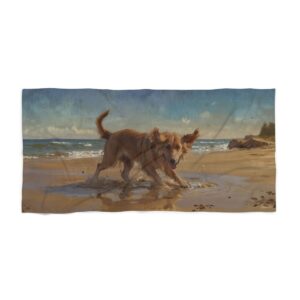 Beach towel with a dog playing on a sandy beach near the ocean waves