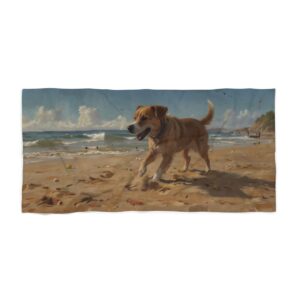 Beach towel with a dog walking on a sandy beach near the ocean