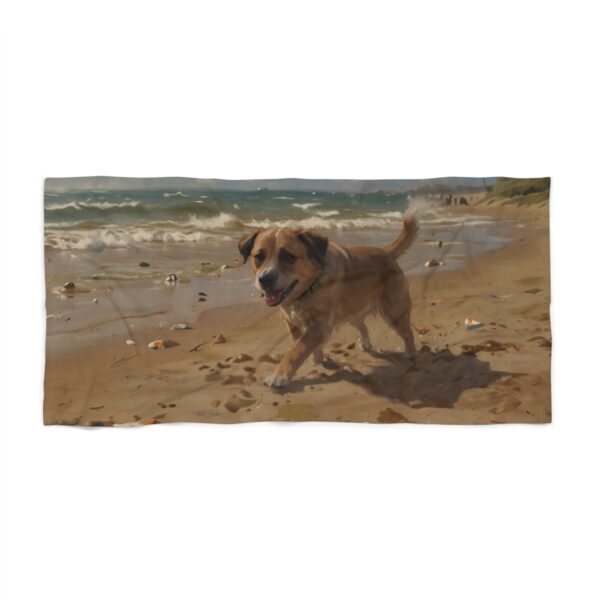 Beach towel with a dog running on a sandy beach near ocean waves