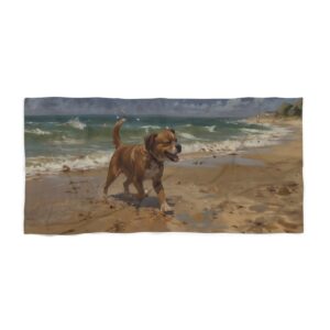 Beach towel with a dog walking along a sandy beach near ocean waves