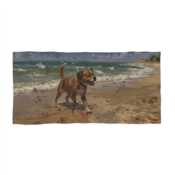 Beach towel with a dog walking along a sandy beach near ocean waves