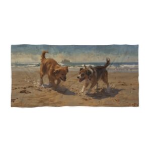 Beach towel with two dogs playing on a sandy beach near the ocean