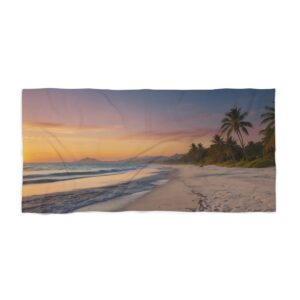 Tropical beach at sunset with palm trees and gentle waves beach towel