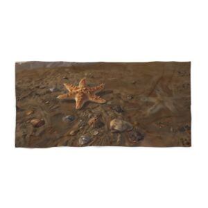 Beach towel with starfish and rocks on sandy shore