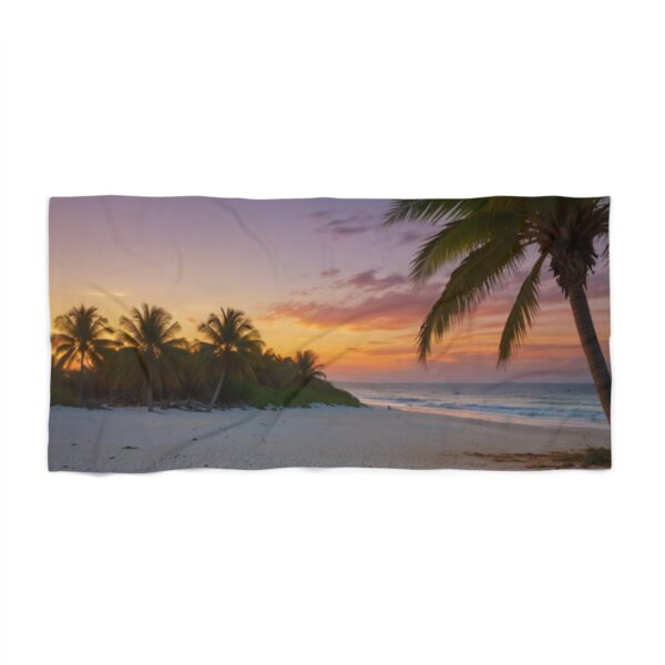 Tropical beach at sunset with palm trees and calm waves beach towel