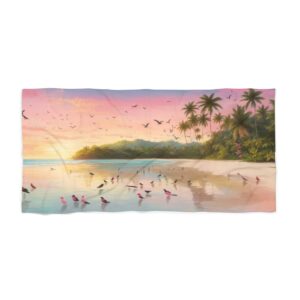 Tropical beach at sunset with palm trees, birds, and calm waters beach towel