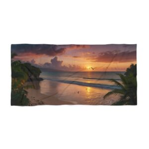 Tropical beach at sunset with palm trees, calm waves, and a bird flying beach towel