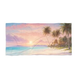 Tropical beach at sunrise with palm trees, calm water, and soft sand beach towel