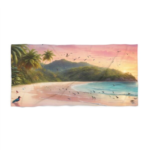 Tropical beach at sunset with palm trees, island, birds, and calm water beach towel