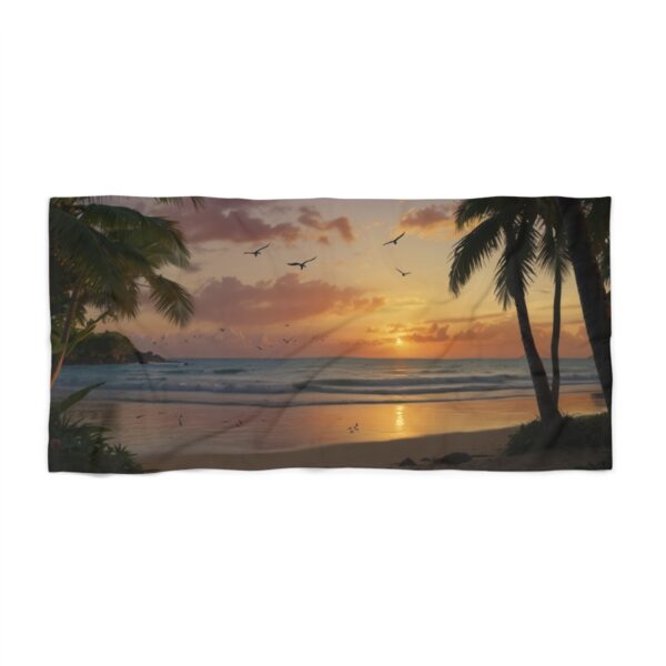 Tropical beach at sunset with palm trees, birds, and calm waves beach towel