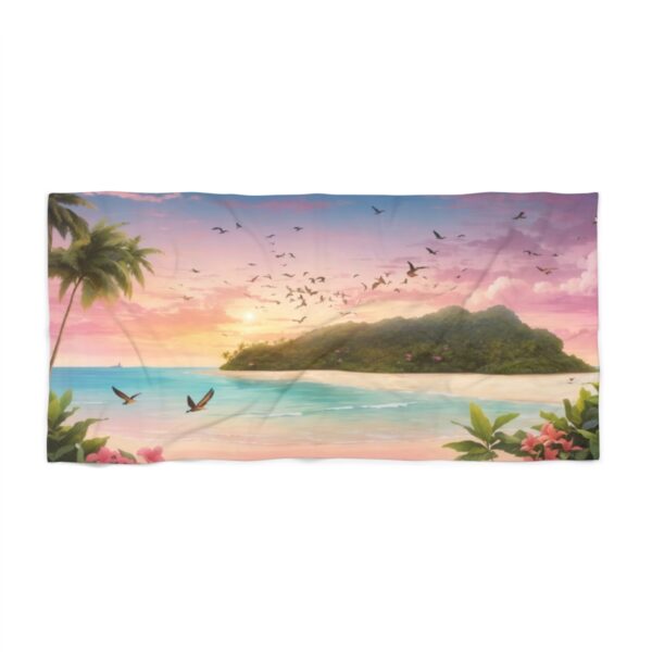 Tropical beach with palm trees, island, birds, and sunset beach towel