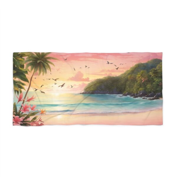 Tropical beach with palm trees, birds, and sunset beach towel