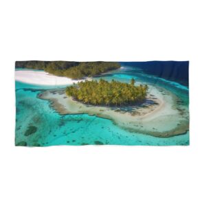 Aerial view of tropical island with palm trees and turquoise water beach towel