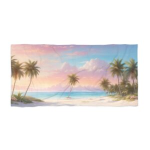 Tropical beach with palm trees at sunrise and calm waters beach towel