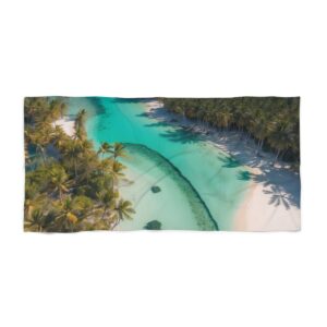 Aerial view of tropical beach with palm trees and turquoise water beach towel