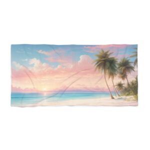 Tropical beach at sunrise with palm trees, soft sand, and calm water beach towel