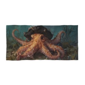 Beach towel featuring an octopus wearing a pirate hat underwater