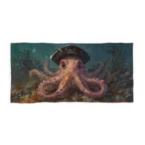 Beach towel featuring an octopus wearing a pirate hat underwater