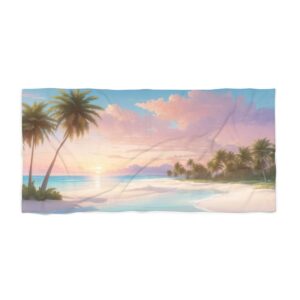 Tropical beach at sunrise with palm trees and calm water beach towel