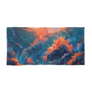 Beach towel with abstract underwater eruption design in vibrant orange and deep blue tones