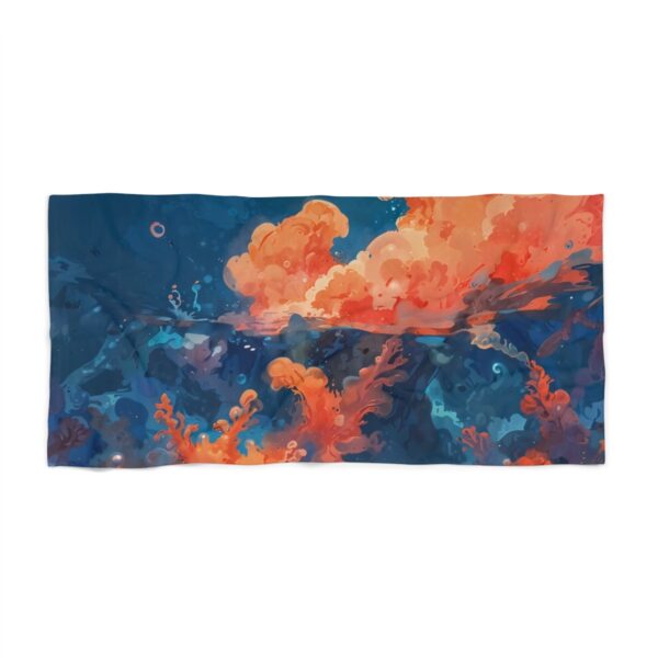 Beach towel with abstract design of an underwater eruption in vibrant orange and deep blue