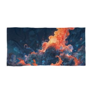 Beach towel with abstract fiery underwater eruption design in vibrant orange and deep blue