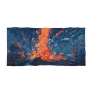 Beach towel with an abstract fiery underwater eruption in vibrant orange and deep blue tones