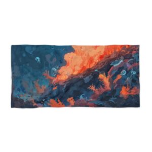 Beach towel with abstract underwater eruption design in fiery and oceanic colors