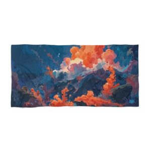 Beach towel with abstract fiery eruption design in vibrant colors