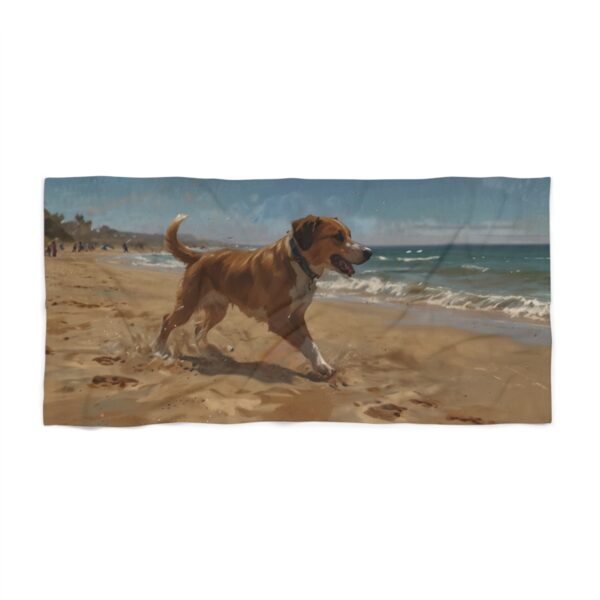 Beach towel with a dog walking on a sandy beach near the ocean