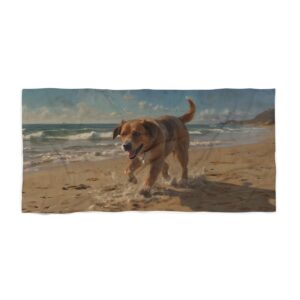 Beach towel with a dog running on a sandy beach near the ocean waves