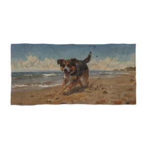 Beach towel with a dog running on a sandy beach near the ocean