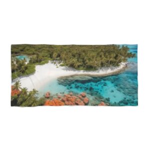 Aerial view of tropical beach with palm trees, coral reefs, and clear turquoise water beach towel