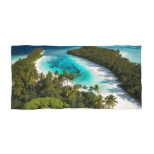 Aerial view of tropical beach with palm trees and turquoise water beach towel