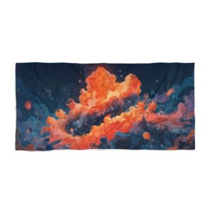 Beach towel with abstract fiery underwater eruption in vibrant orange and blue hues