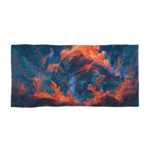 Beach towel with abstract design of fiery underwater eruption