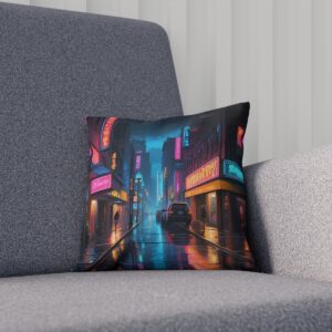 Colorful cityscape cushion with neon lights reflecting on wet streets, placed on a gray sofa